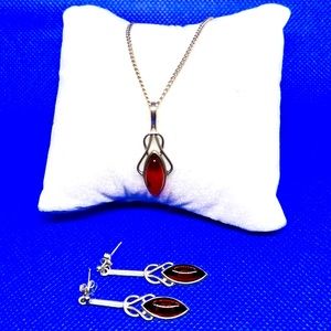 VTG Amber Necklace Earrings Set .925 Silver Setting Celtic Style EUC